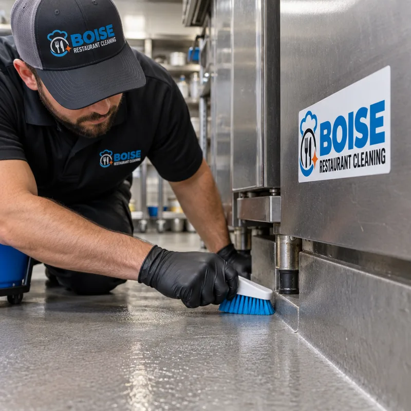 Degreased commercial kitchen floor edge and clean baseboard line