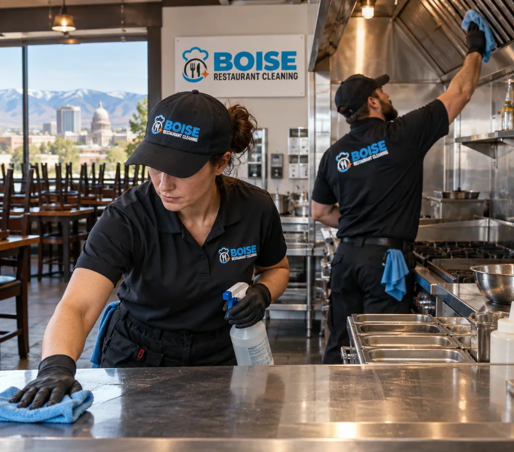 Professional restaurant cleaners sanitizing a commercial kitchen line in Boise