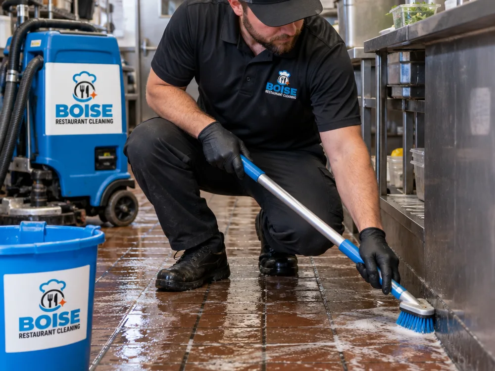 Technician scrubbing a commercial kitchen floor and detailing baseboard edges