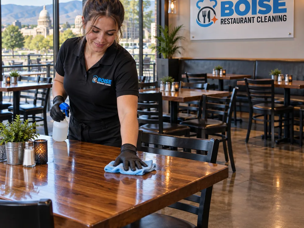 Restaurant dining room cleaned after closing with detailed tables, chairs, and floors