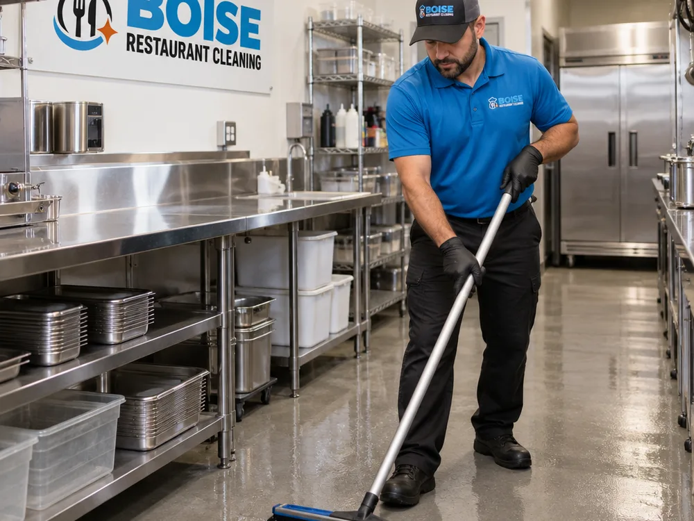 Clean and organized restaurant prep area with sanitized stainless surfaces and scrubbed floors