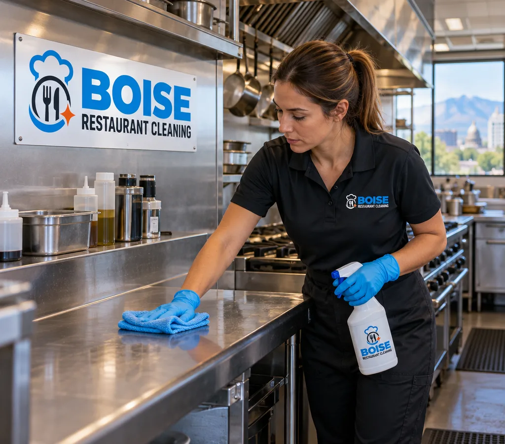 Professional cleaner wiping a stainless prep table and backsplash in a commercial kitchen