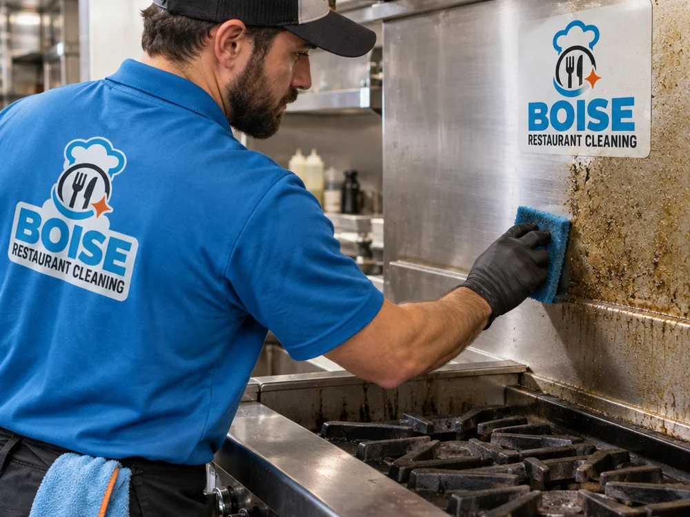 Technician detailing grease buildup on a stainless backsplash and range