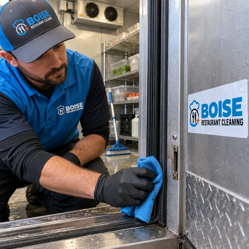 Walk-in cooler threshold and door gasket being hand-detailed with commercial cleaning equipment nearby