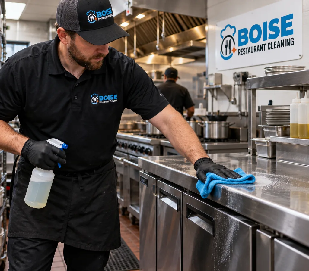 Professional cleaner detailing stainless prep surfaces and equipment fronts in a Boise restaurant kitchen