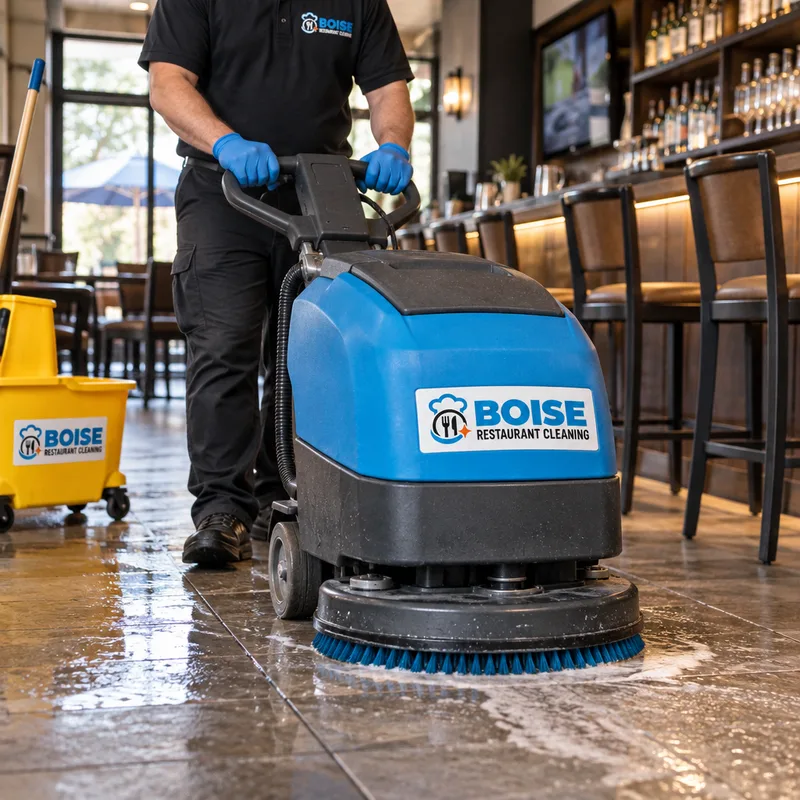 Technician using professional floor-cleaning equipment on a commercial restaurant floor