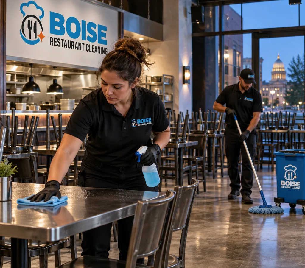 After-hours restaurant cleaners wiping dining tables and mopping the floor in a closed Boise restaurant