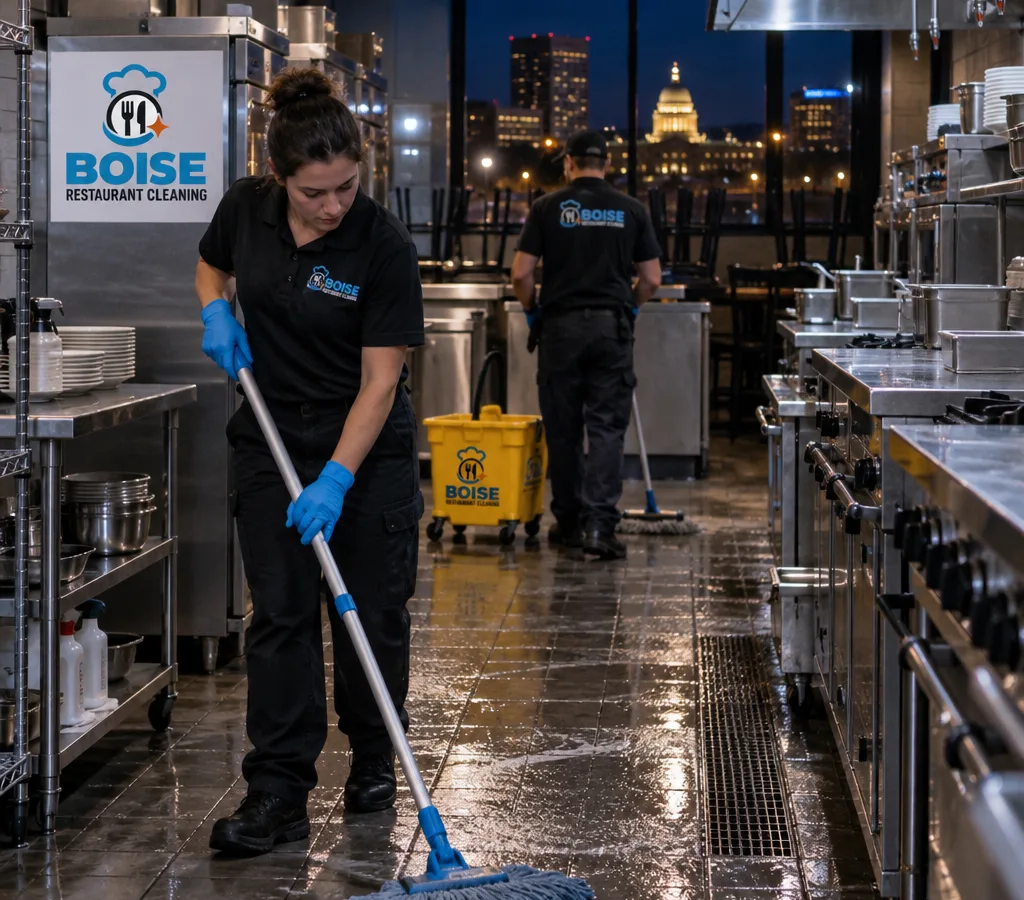 After-hours restaurant cleaning crew mopping a commercial kitchen floor near stainless prep tables and closed line equipment