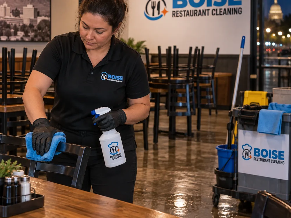 Janitorial technician detailing restaurant chair backs and table edges after hours with microfiber cloths and disinfectant