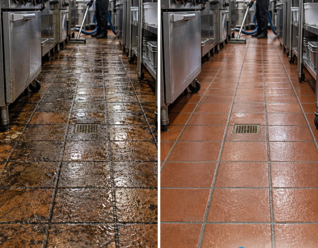 Before and after comparison of a greasy quarry tile cookline lane following degreasing and extraction