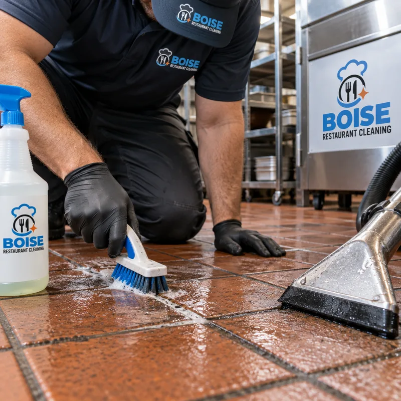 Technician using a grout brush and low-foam degreaser on darkened grout lines between quarry tiles with a wet vacuum recovery wand nearby