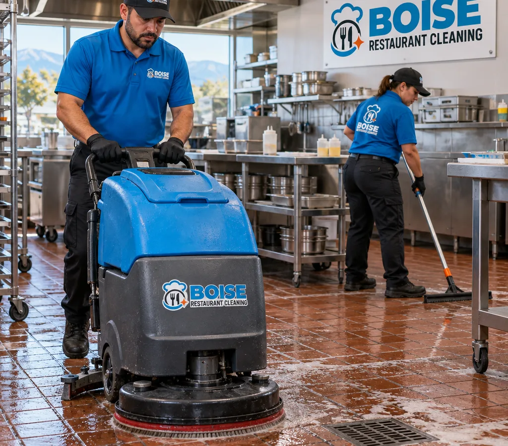 Commercial kitchen crew wet-scrubbing a greasy quarry tile floor with an auto scrubber, with floor drains and stainless prep tables visible in the background