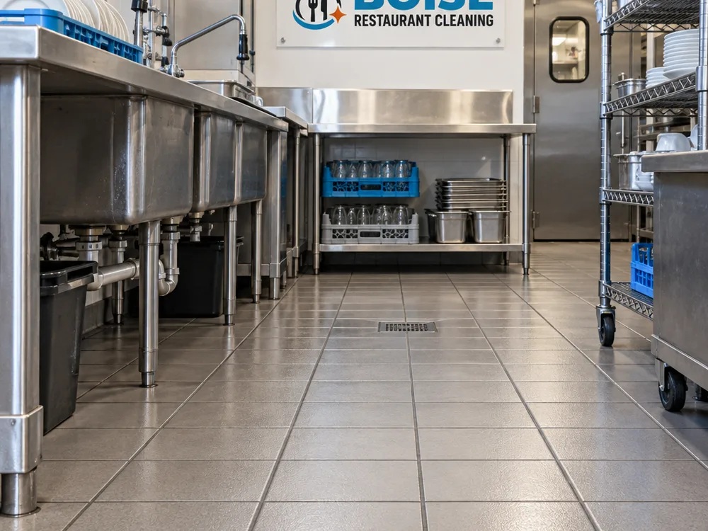 Cleaned dish area floor with reduced haze and more even grout color after dry-out