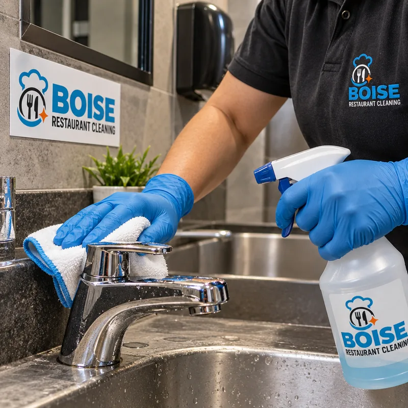 Gloved restaurant cleaner disinfecting a restroom faucet and sink area