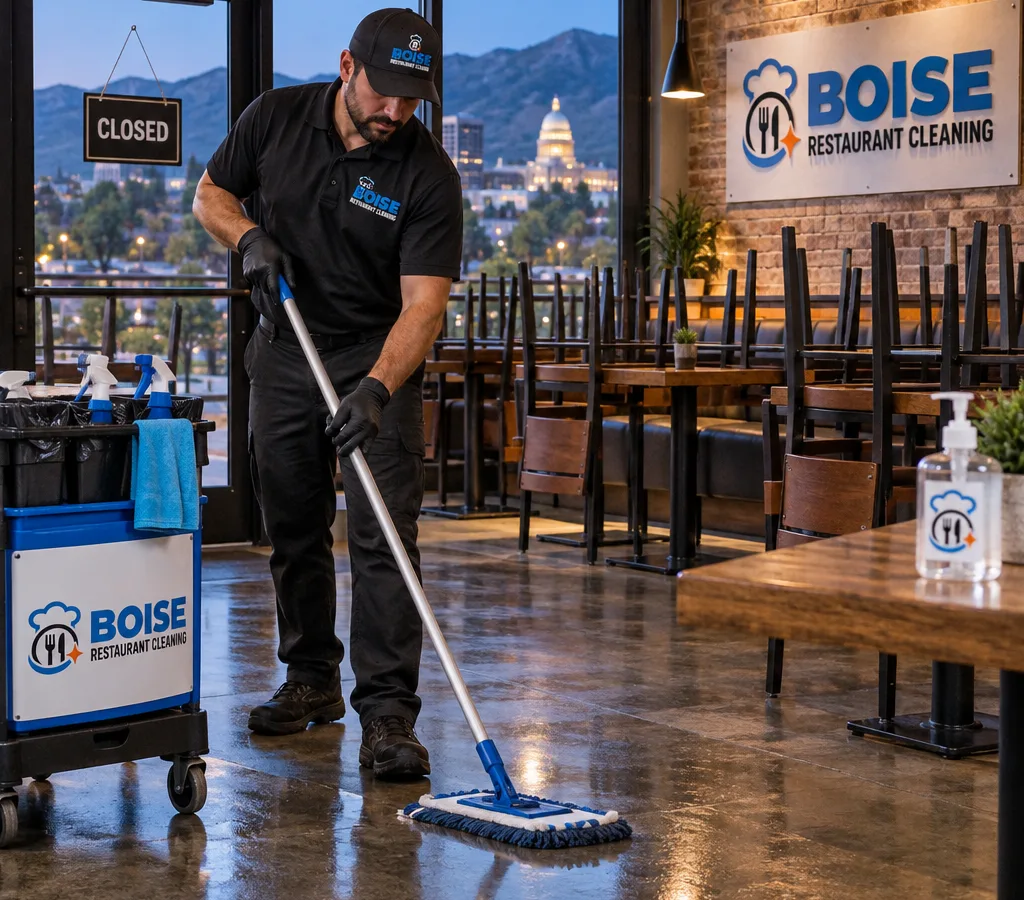After-hours restaurant cleaner spot-mopping a Garden City dining room near stacked chairs