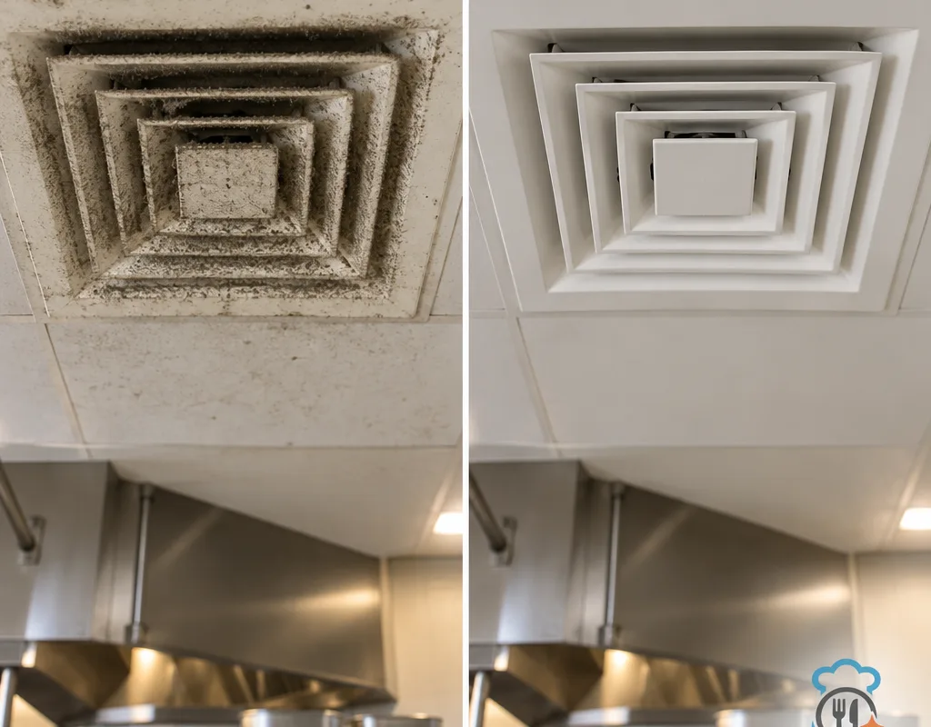 Before and after comparison of a dusty ceiling vent diffuser showing clean edges with visible buildup removed