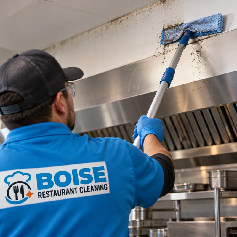 Gloved hand using an extension pole with a microfiber sleeve to remove dust and greasy residue above stainless kitchen equipment