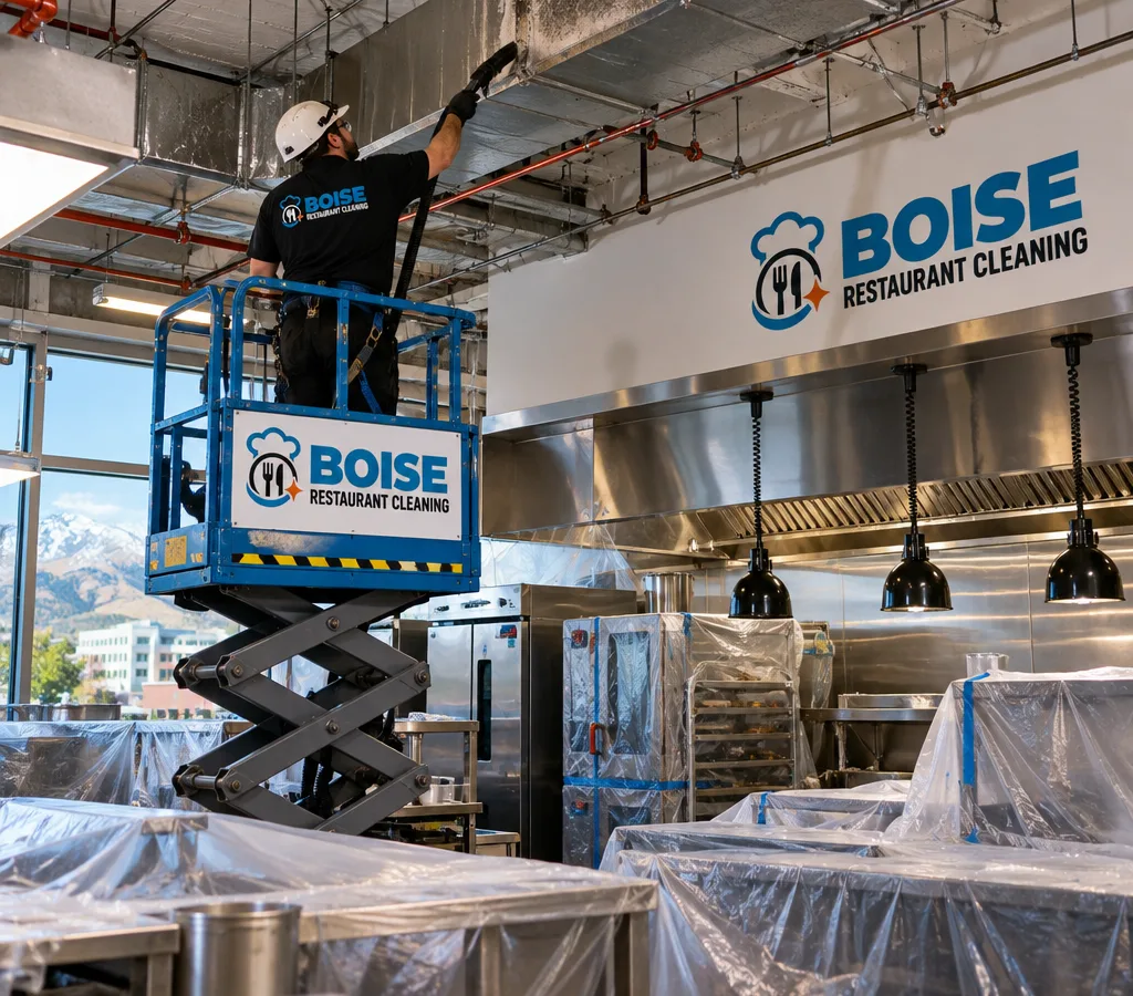 Technician using a lift to high dust exposed ductwork, ceiling beams, and sprinkler lines in a commercial restaurant kitchen with prep surfaces covered