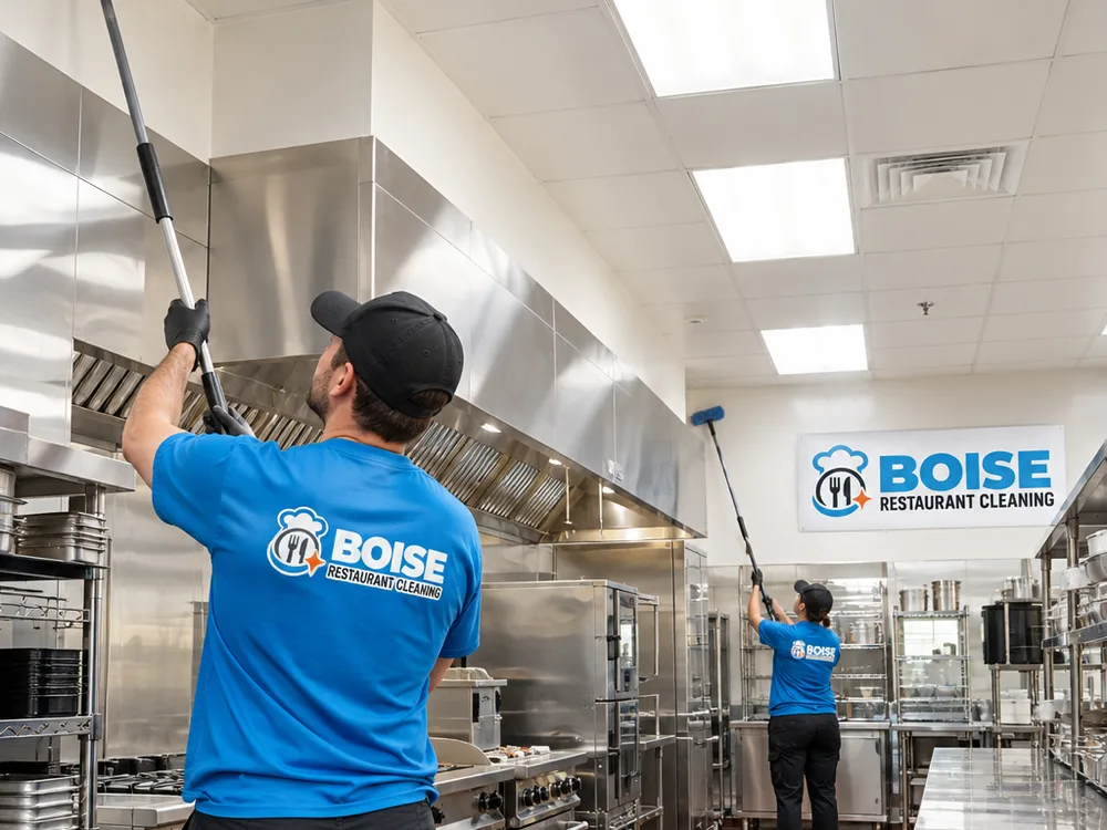 Commercial kitchen after high dusting with clean ceiling corners, light fixtures, and upper wall edges above equipment