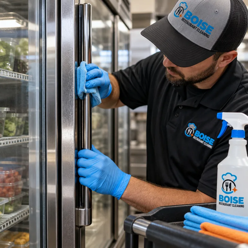 Gloved hands detailing the seam and handle of a commercial reach-in cooler door