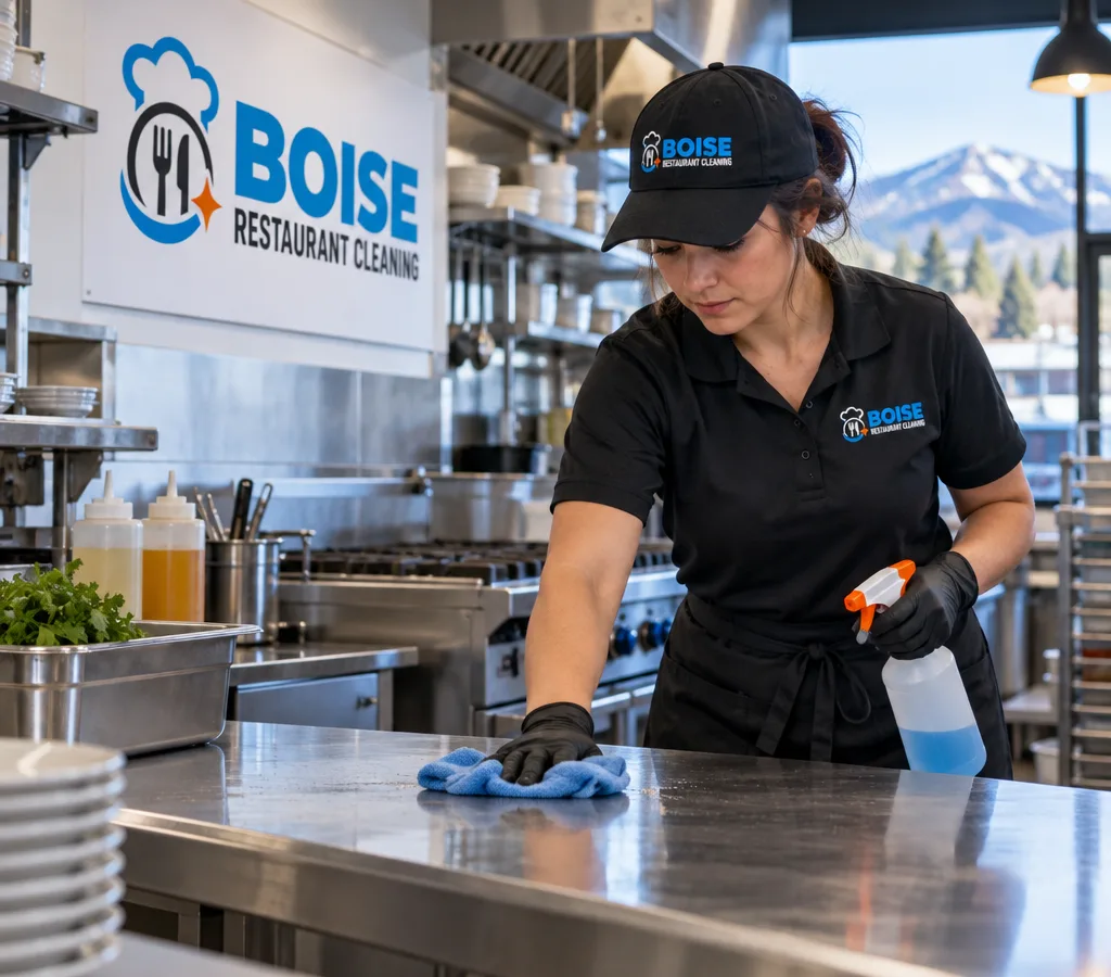 Professional cleaner wiping stainless prep tables and touchpoints in an organized Eagle restaurant kitchen