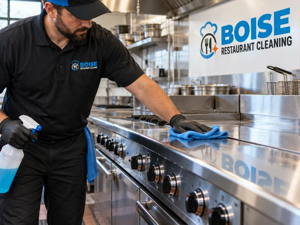 Commercial kitchen line with degreased stainless fronts free from fingerprints and grease haze