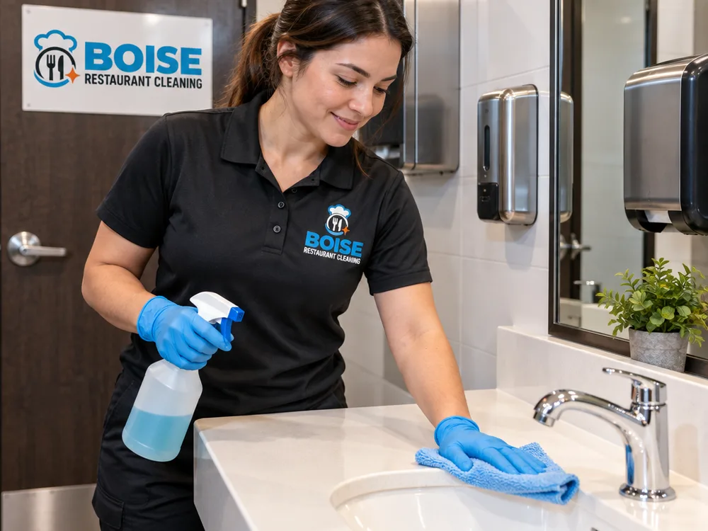 Spotless restaurant restroom sink and counter with polished fixtures and disinfected touchpoints