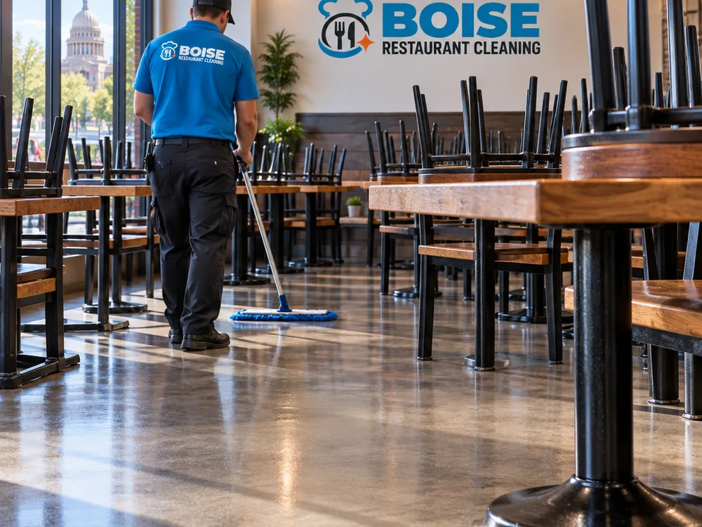 Clean restaurant dining area after service with freshly cleaned floors and wiped table bases