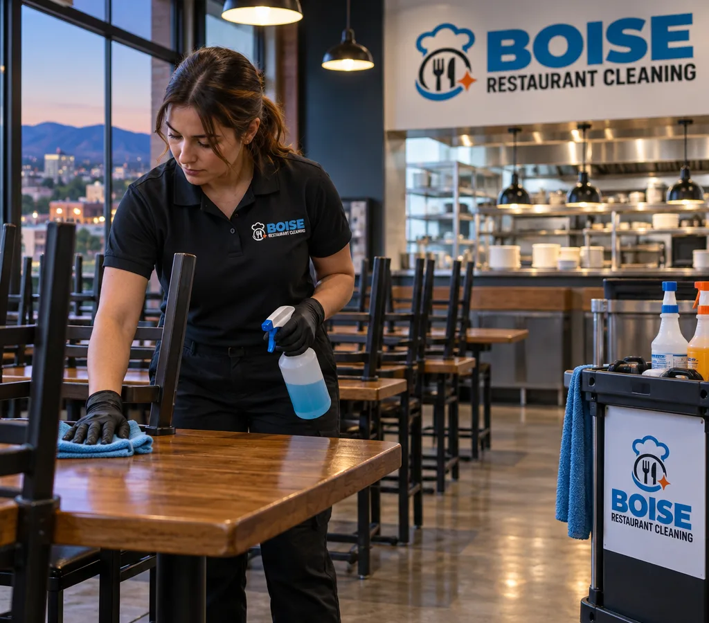 After-hours professional cleaner sanitizing restaurant tables with stacked chairs and a clean dining room behind