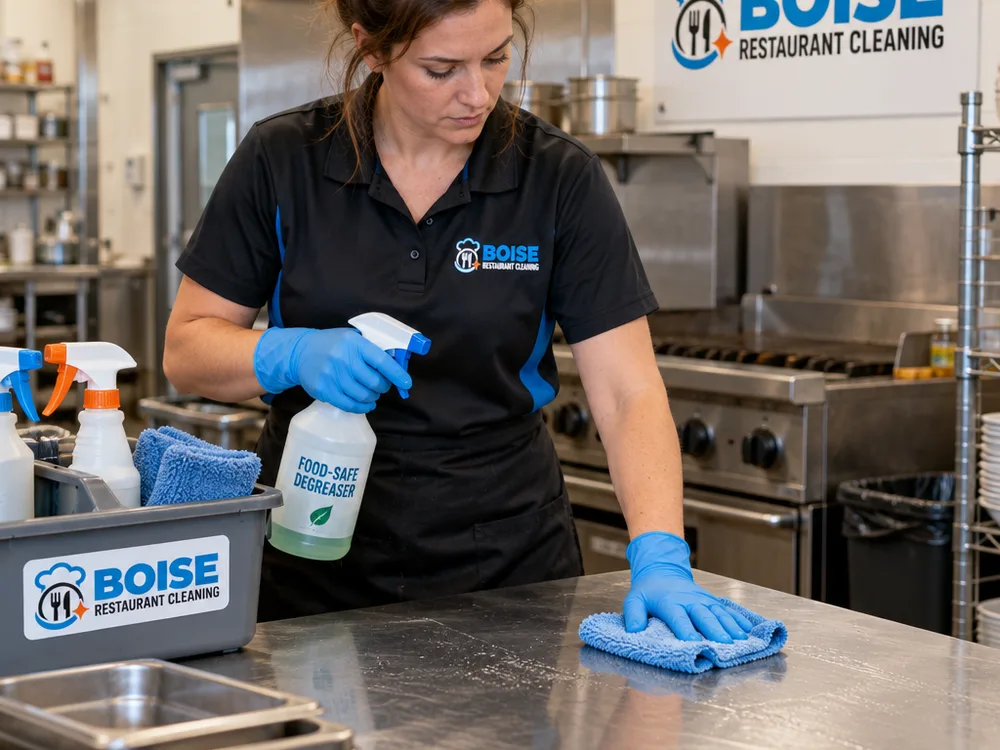 Cleaner using food-safe degreaser on a stainless prep table and wiping kitchen line exteriors