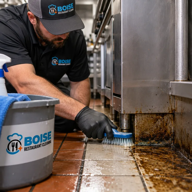 Technician scrubbing a greasy floor edge behind a commercial range