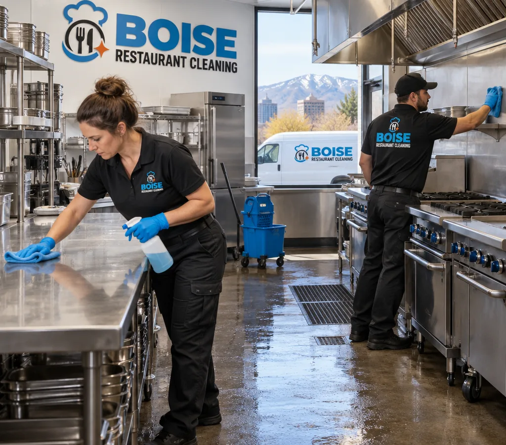 Professional cleaner detailing a stainless prep table and cook line in a commercial restaurant kitchen