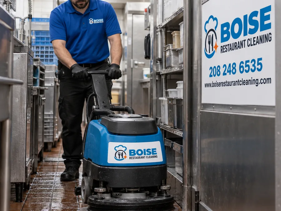 Technician operating a low-profile floor scrubber in a narrow commercial kitchen corridor behind the line