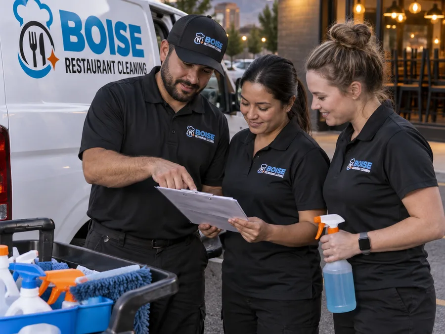 Restaurant cleaning team reviewing a checklist outside a Boise restaurant